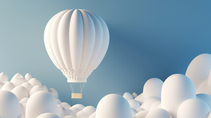 A stunning white hot air balloon with rainbow colors floating on a blue sky, Generative AI - 589461502