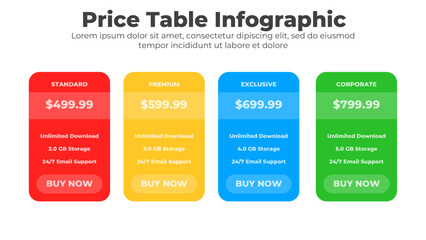 Modern pricing table layout with subscription plans and infographic design template for website or presentation