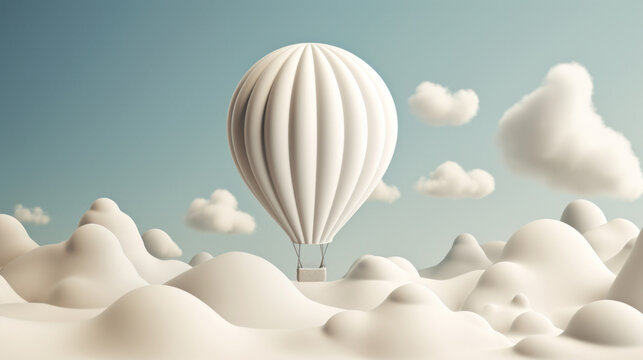 A  white and light blue hot air balloon soaring high in a brilliantly colored sky. Generative AI