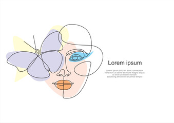 Beautiful woman vector logo design in simple minimal line art style. Pretty portrait with butterfly concept for beauty salon, makeup, cosmetology.