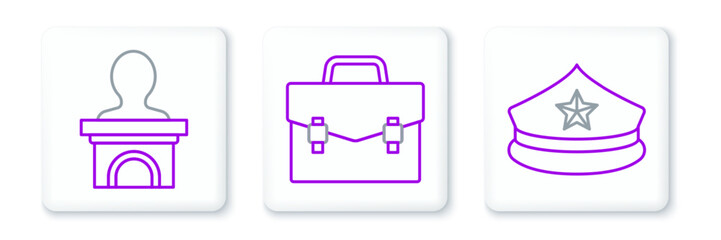 Set line Police cap with cockade, Stage stand or debate podium rostrum and Briefcase icon. Vector