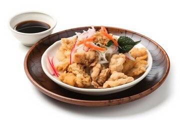 Crispy karaage chicken served with soy sauce and pickled ginger. Generative AI