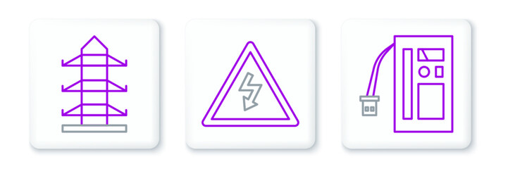 Set line Battery, High voltage power pole line and sign icon. Vector