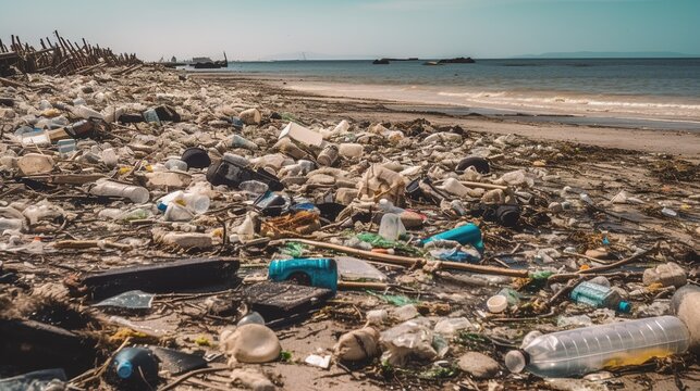 Beach Overwhelmed by Garbage and Plastic Waste. Generative AI