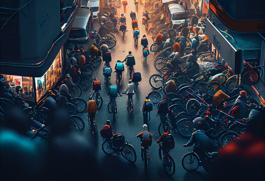 Overcrowded And Polluted Urban Street With Cyclists And Pedestrians. AI Generative. Generative AI