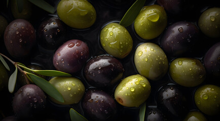 Top view closeup of olives with water drops as background