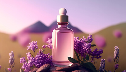 Fototapeta na wymiar Transparent bottle surrounded with lavender for a beauty product showcase and presentation. AI generated illustration for a fragrance display with fresh and stylish background scene