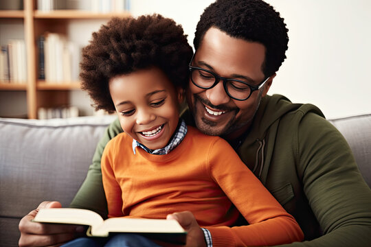 Cheerful little afro child hugging his African American dad and reading book at home in modern interior. Concept of Father's Day. Family day. Generated Ai. 