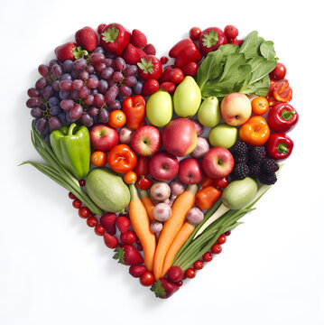 Variety of colorful fruit and vegetables in heart shape on white background