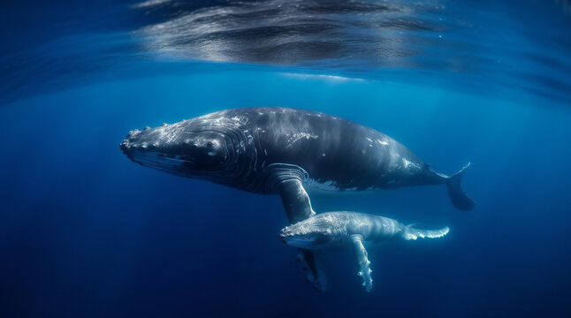 Whale mother and whale baby swimming under water near the water suface