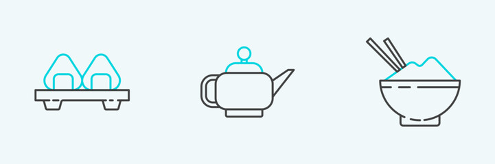 Set line Rice in a bowl with chopstick, Sushi on cutting board and Japanese tea ceremony icon. Vector