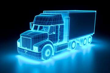 Neon outlined truck. Lorry blueprint in 3d perspective. Ai generative illustration with holographic cargo truck vehicle on dark background