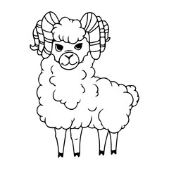 A fluffy sheep with horns in a cartoon style. Livestock, animal, Farming. Farm. Fur. Vector illustration isolated on white background. Coloring book
