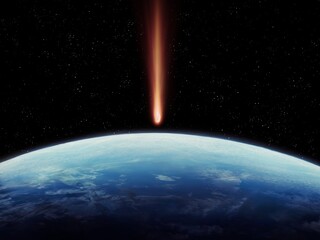 Comet is approaching Earth. Meteorite is moving towards the blue planet. Dangerous space object.