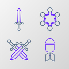 Set line Aviation bomb, Crossed medieval sword, Police badge and Medieval icon. Vector