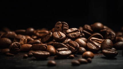 Closeup texture of roasted coffee beans for background design, top view, close-up. Generative AI