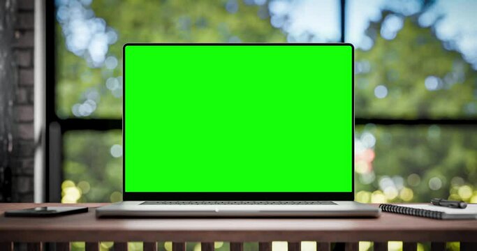 Laptop with blank green screen. Static footage with trees swaying or moving in the wind. Home interior or loft office background, 4k 30fps, looped video. 3d render