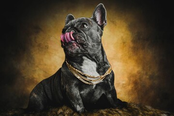 Closeup shot of an adorable black french bulldog with gold chains licking its snout
