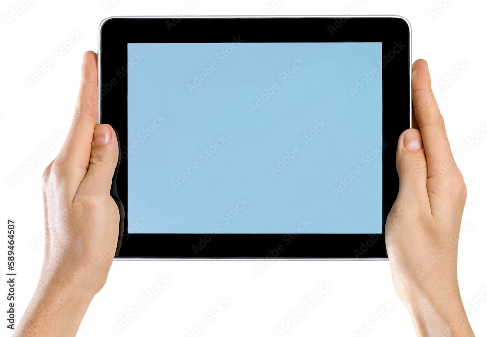 Poster Man holding   digital tablet on background