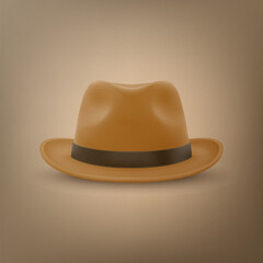 Vector 3d Realistic Brown Vintage Classic Gentleman Hat, Cap Icon Closeup. Front View. Mens Unisex Hat Design Template. Vector Illustration