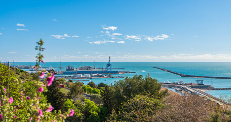 The port of Sète and the Mediterranean from the high quarter on Mont Saint Clair in Sète,...