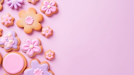 Obraz na płótnie Canvas Happy Easter cookies on pastel pink background made in flower shape, copy space and top view