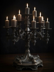 A candelabra its candles flickering in the darkness casting a gothic glow. Gothic art. AI generation. - obrazy, fototapety, plakaty