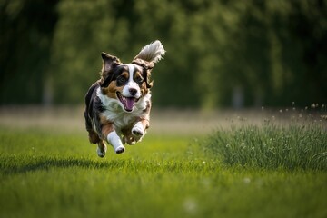 Portrait of dog runing outdoors in a garden or filed on a sunny summer day. Generative AI.