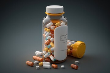 Plastic medicine bottle of pills on grey background with available space for text. Generative AI.