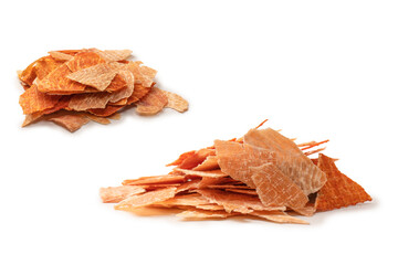 Group of tasty beer snacks. Dehydrated chicken meat slices.