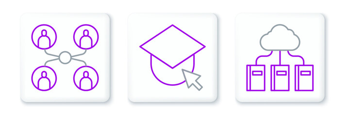 Set line Cloud or online library, Online class and Graduation cap globe icon. Vector