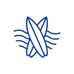 Logo club de surf. Tablas de surf lineal cruzadas con olas de mar