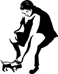 Hand Drawn Person Petting Cat. Black Inked Art Illustration