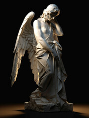 A statue of an angel weathered by time and illuminated by a single spotlight. Gothic art. AI generation.