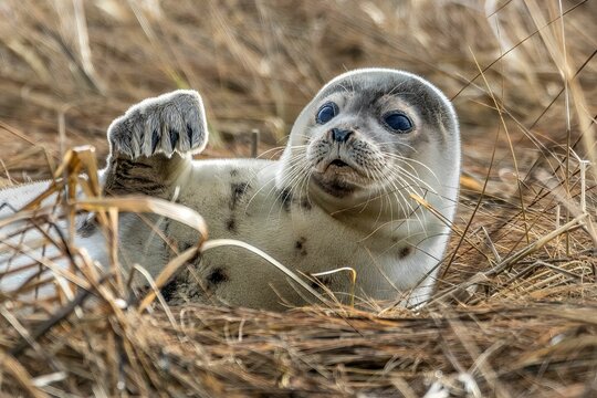 Closeup of a Caspian seal ( Pusa caspica) on the straw against blurred background
