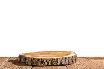 natural style. Wooden saw cut, round podium on a wood table  on a transparent background. Still life for the presentation of products.	