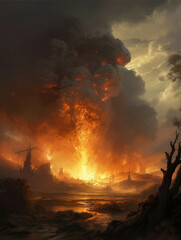 A roaring firestorm that leaves an apocalyptic wasteland in its wake.. AI generation.