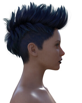 Portrait belle magnifique femme aux cheveux bleus, regard et expression sensuel, rendu 3D, texture haute qualit&eacute;, parfait pour cr&eacute;ation artistique, version png avec fond transparent, rendu 3D HDR