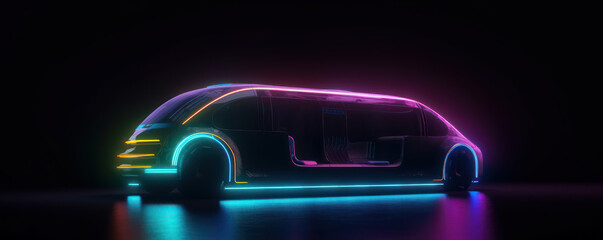 Concept generic automated self driving taxi design in electric futuristic neon style with copy space at night. Generative AI