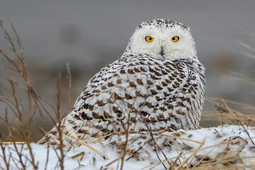a white snowy owl perched in a marsh covered field next to dry grasses