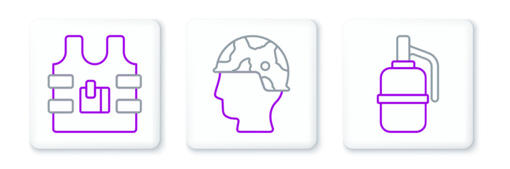 Set line Hand grenade, Bulletproof vest and Army soldier icon. Vector