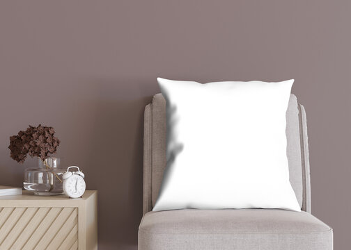 Square transparent pillow in modern room. Blank cushion case template for your graphic design presentation. Pillow cover mock up for print, pattern, personalized illustration. Close-up. 3D render, png