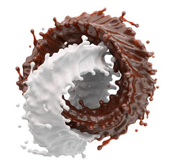 iquid melted chocolate, chocolate sauce, fresh milk or cream, 3D swirls splashes twisted, isolated. Liquid milk chocolate, fresh milk or cream rings splash advertising concept, label design elements