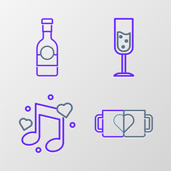 Set line Two coffee cup and heart, Music note, tone with hearts, Glass champagne and Champagne bottle icon. Vector