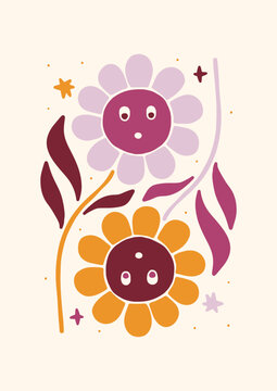 Groovy Boho 70s Flower Print Hippie Vintage Poster Magical Celestial Peace Love Wall Art Retro