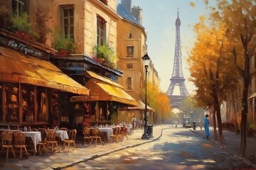 Fototapeta premium painted illustration of street view in paris, with the eiffel tower in the background, generative ai