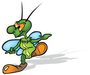 Funny Green Beetle with Blue Wings and Raised Leg