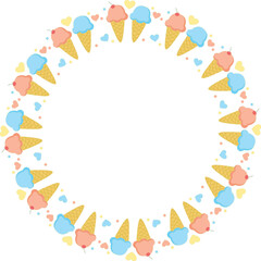 Vector cute colored frame of icecream. Round illustration with sweets and hearts