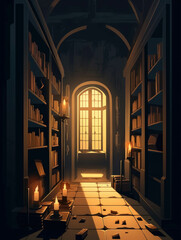 Obraz na płótnie Canvas Candlelight casts flickering shadows across a dimly lit library its narrow walls lined with ancient books. Gothic art. AI generation.