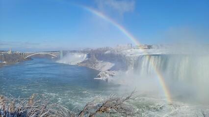Mesmerizing view of beautiful winter landscape, rainbow over the Horseshoe Falls in Niagara Falls